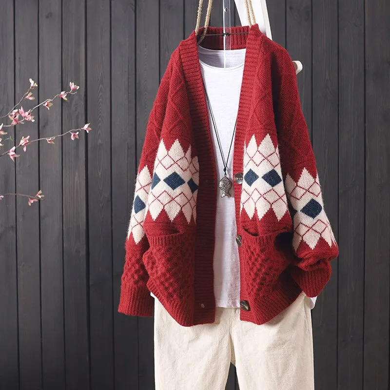 Autumn Winter Sweater Female Cardigan Loose Streetwear Knit Sweater Coat Cartoon Print V Neck knitted cardigan Women Jacket