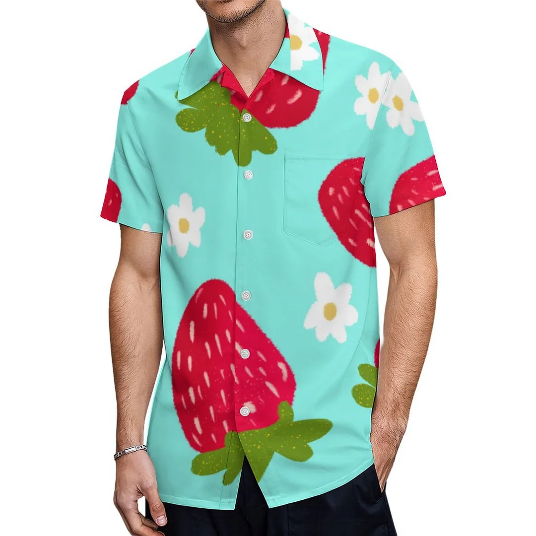 Orange Green Red Strawberries Daisy Hawaiian Shirt Mens Button Down Plus Size Tropical Hawaii Beach Shirts