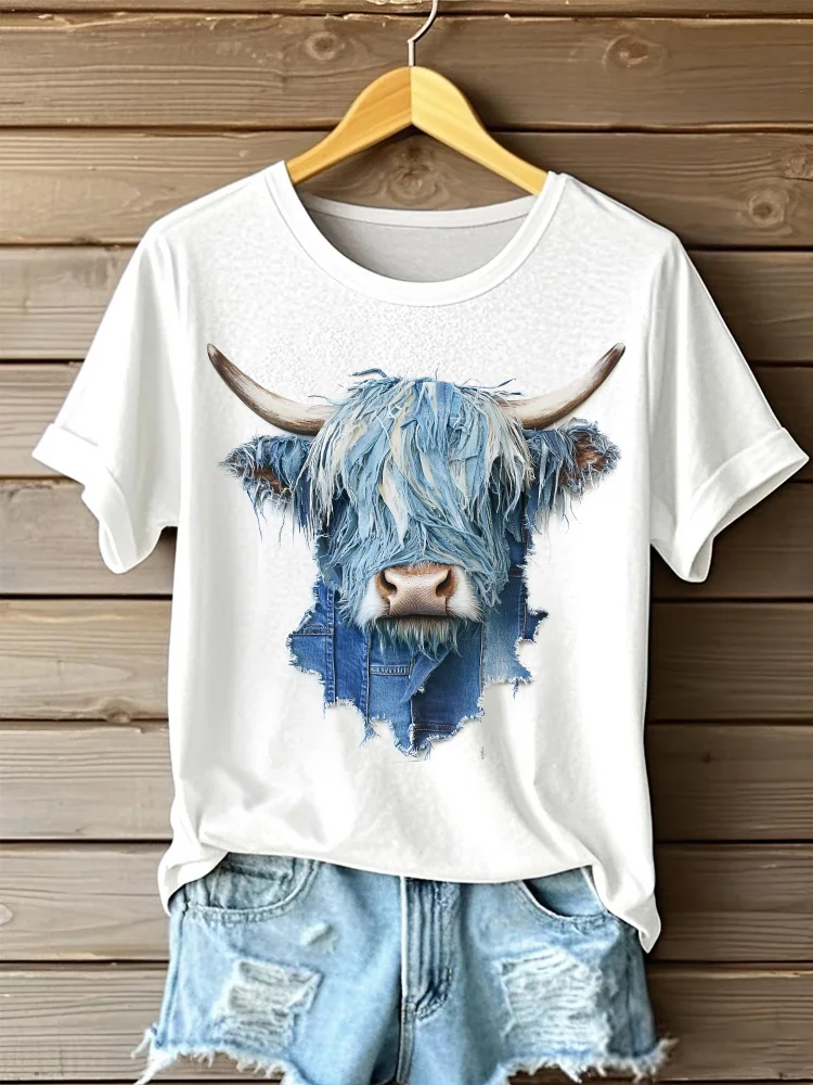 Utbros Women's Denim Highland Cow Portrait Art Print Short Sleeve Casual T-shirt