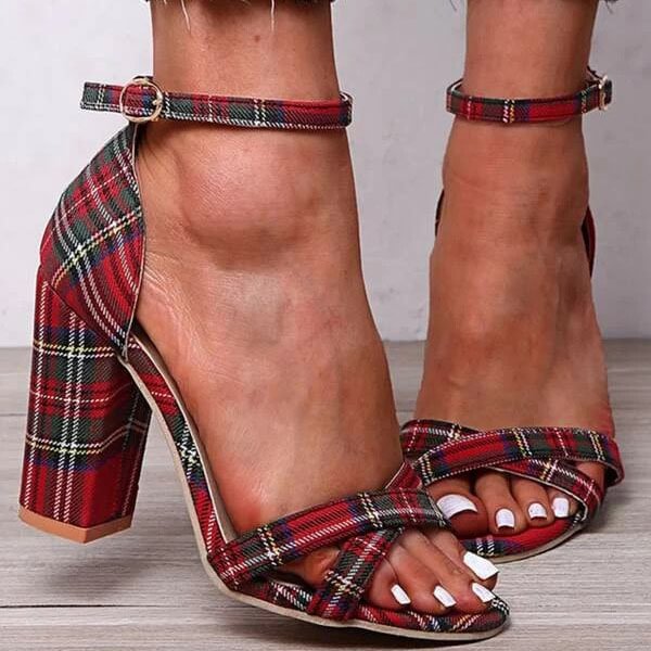 Women's Ankle Strap Plaid Chunky Heels