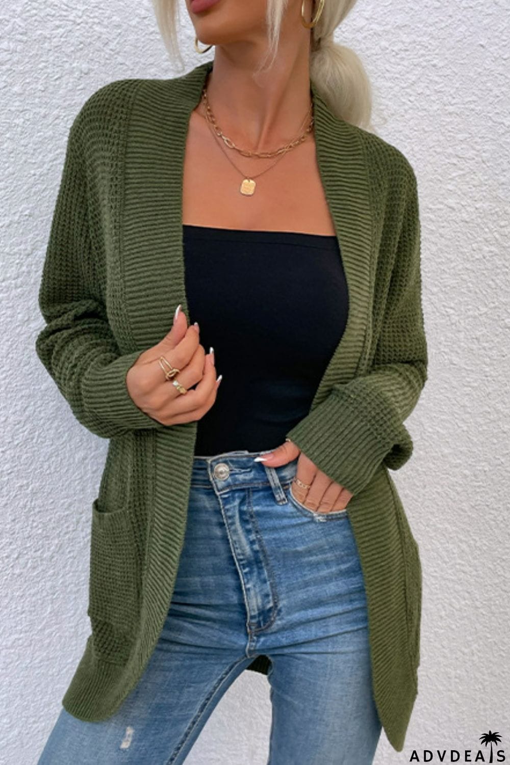 Open Front Rib-Knit Cardigan with Pockets