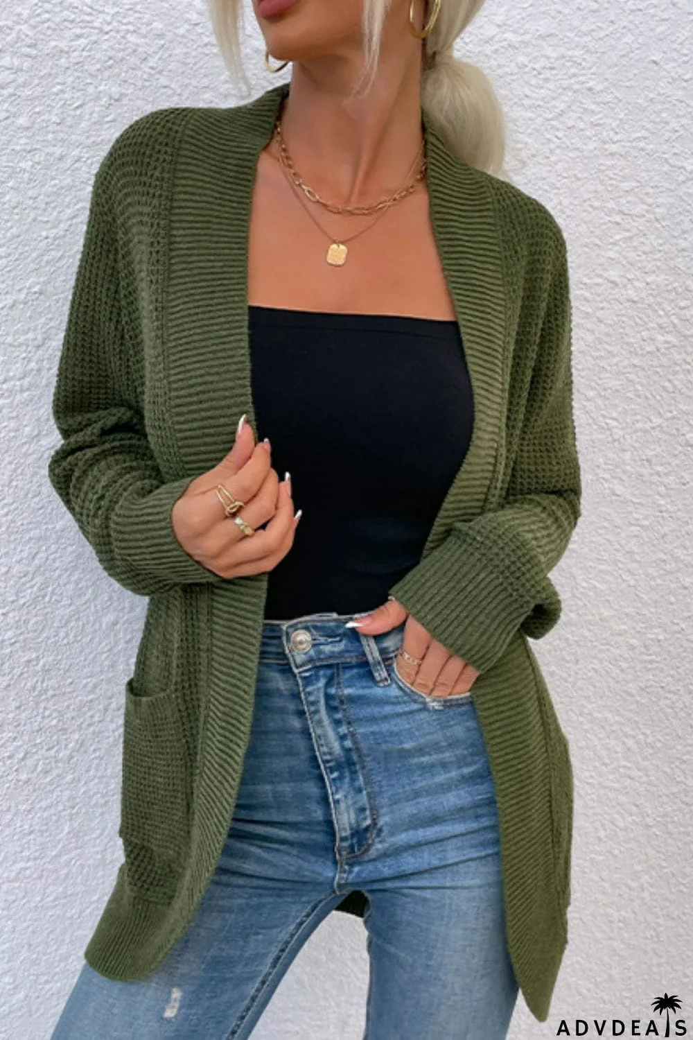 Open Front Rib-Knit Cardigan with Pockets