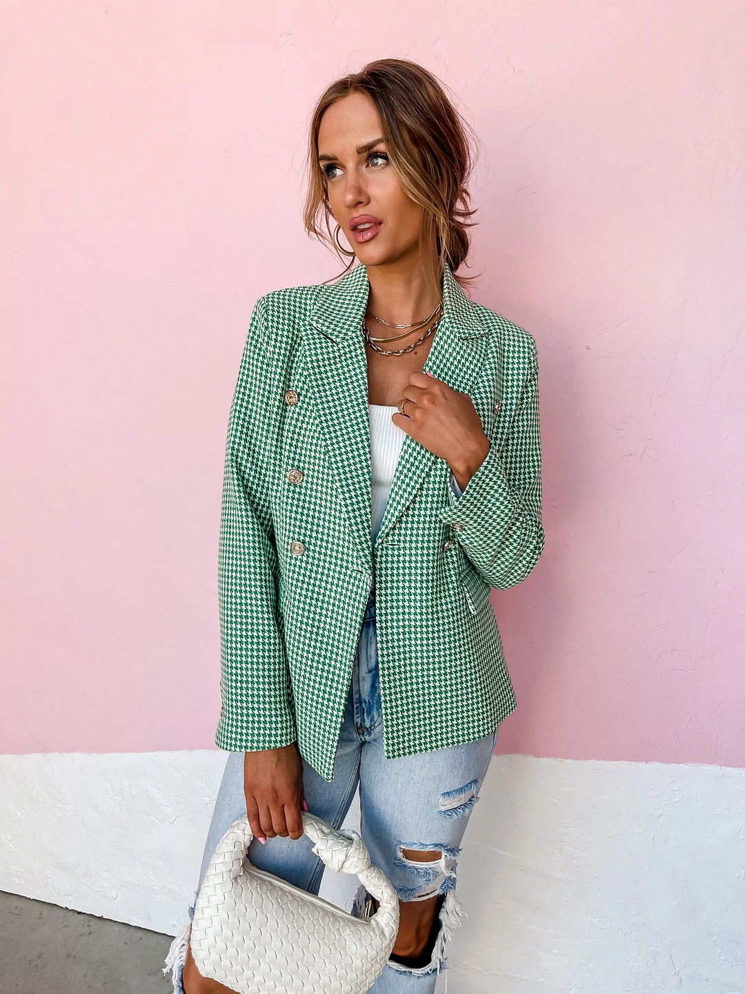 Look My Way Houndstooth Blazer-Green