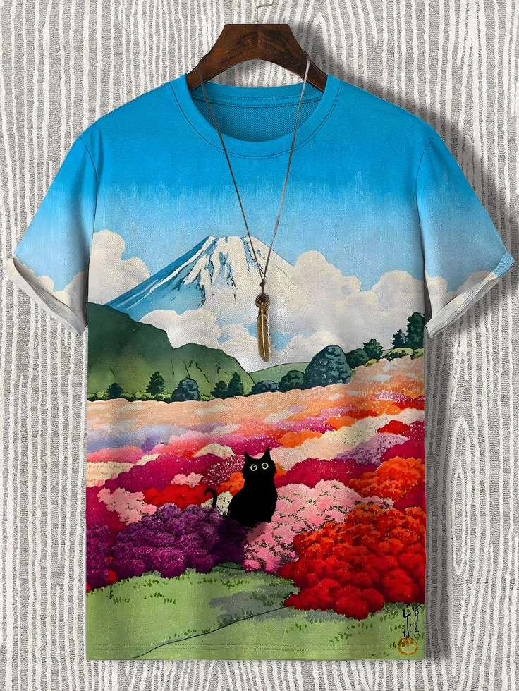 Men's Mount Fuji And Cat Landscape Art Print T-Shirt