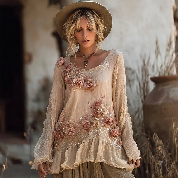 Vintage Dusty Rose Boho Art Women's Linen Loose Top