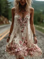 Vintage Boho Floral Embroidery Art Linen Mini Caimi Dress