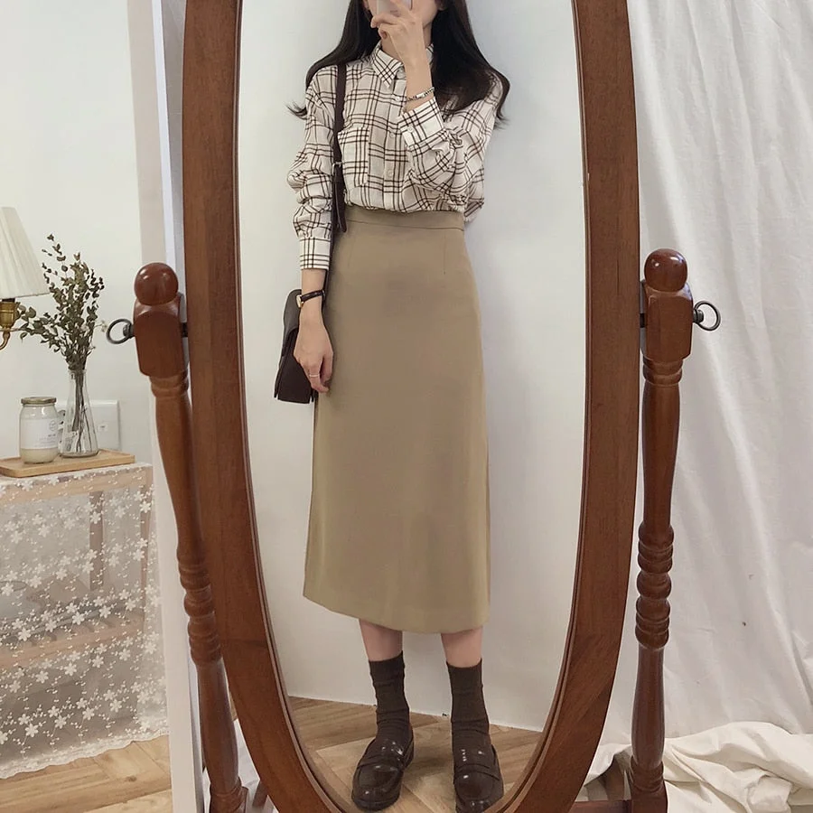 Billlnai Solid Black Brown Mid Calf Women Skirt Vintage Spring Spring Straight  Mi-long High Waist Girls skirts Femininas winter women