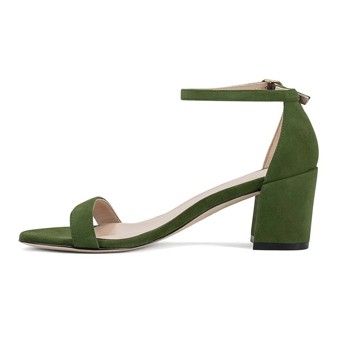 Women's Green Open Toe Ankle Strap Heeled Sandals with Buckle