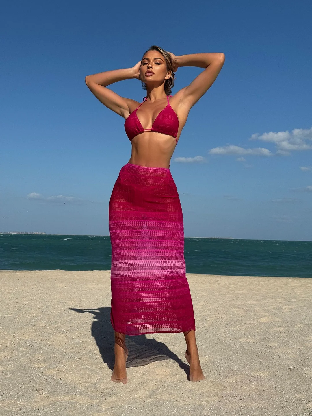 Uveng 2025 New Gradient Mesh Three-Piece Beach Dress Sexy Bikini