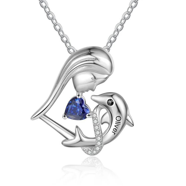 Custom Heart Dolphin and Girl Pendant Necklace with Birthstone Birthday Gift for Her