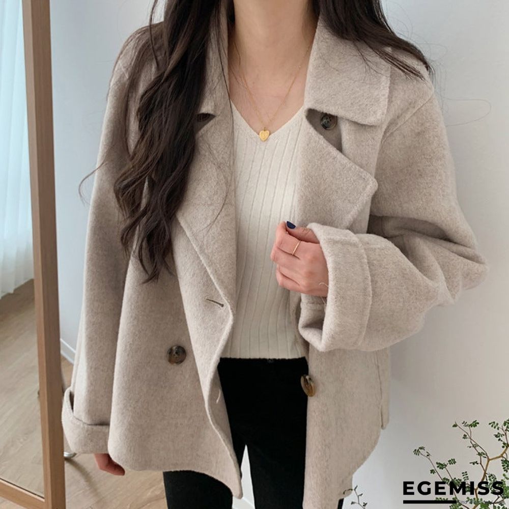 Autumn and Winter Temperament Large Lapel Pocket Double Breasted Loose Short Wool Coat | EGEMISS