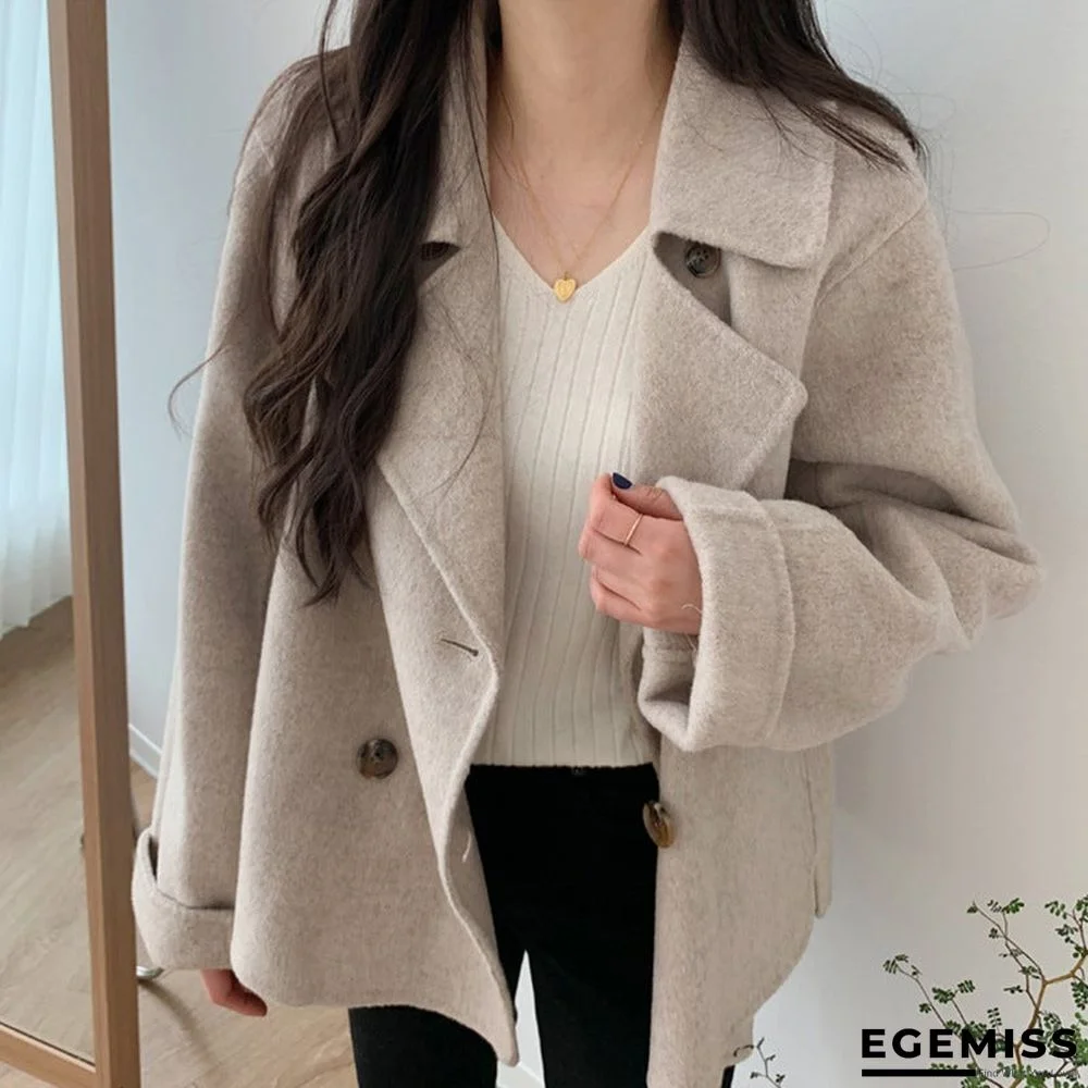 Autumn and Winter Temperament Large Lapel Pocket Double Breasted Loose Short Wool Coat | EGEMISS