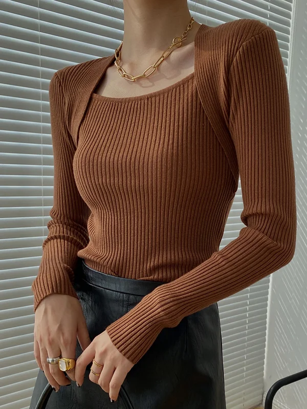 Casual Chic 3 Colors Round-Neck Long Sleeves False Two Pullover