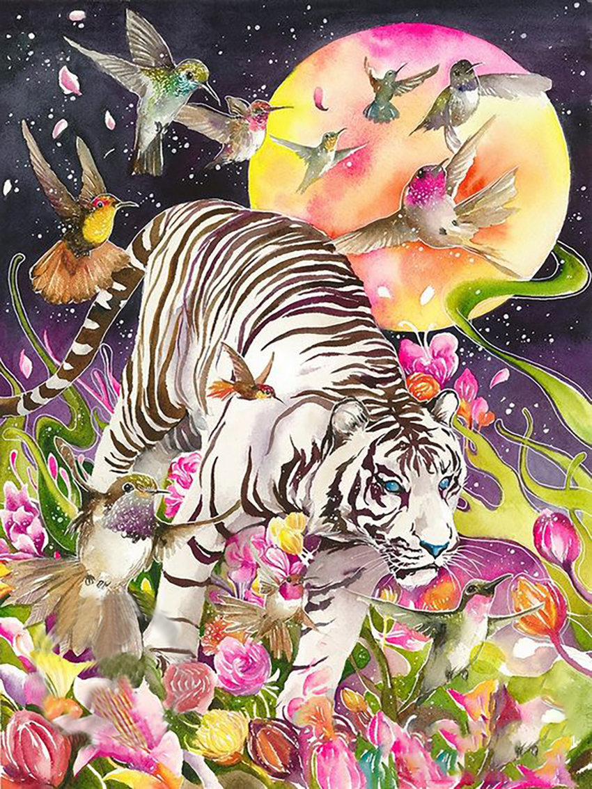Flower Bird Moon Night Tiger 40*50CM(Canvas) Full Round Drill Diamond Painting gbfke