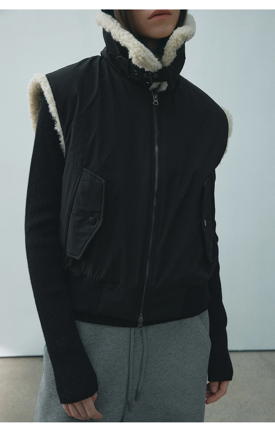 Woherb [Daihe] Winter New Leisure Standing Collar Polar Bear Hair Double Zipper Simple Versatile Vest Coat H7861-Outfit Ideas