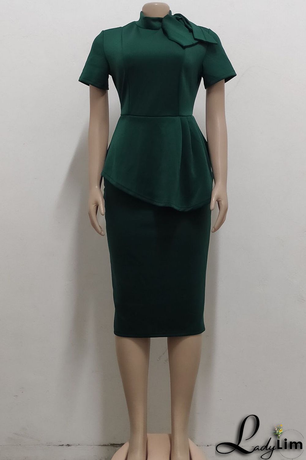 Coral Powder Casual Solid Patchwork Asymmetrical With Bow O Neck One Step Skirt Dresses