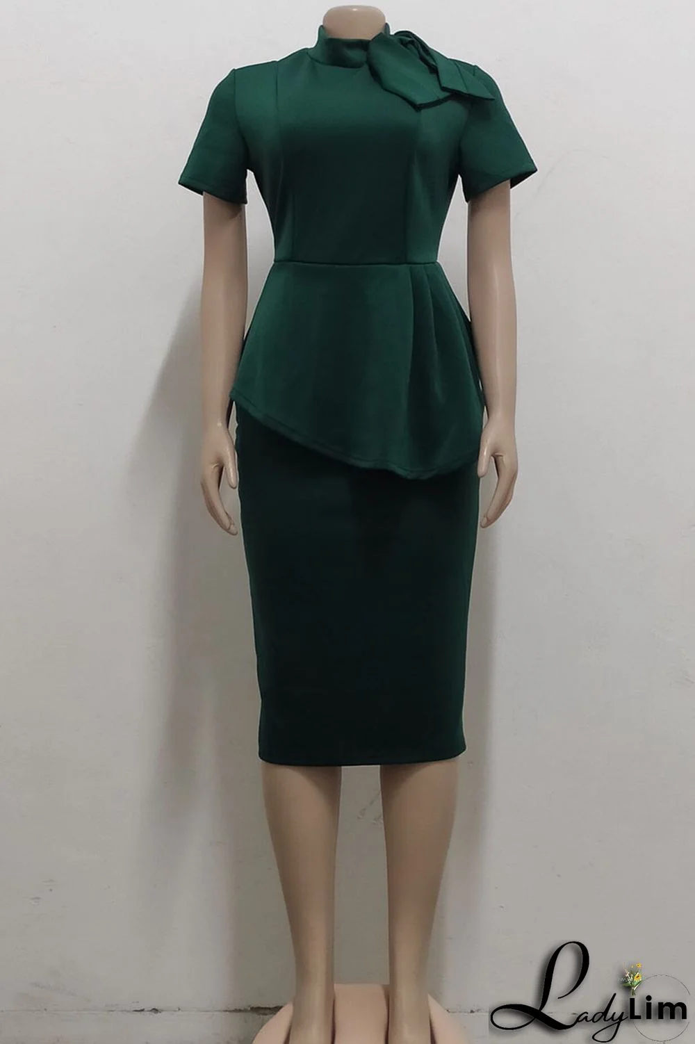 Coral Powder Casual Solid Patchwork Asymmetrical With Bow O Neck One Step Skirt Dresses