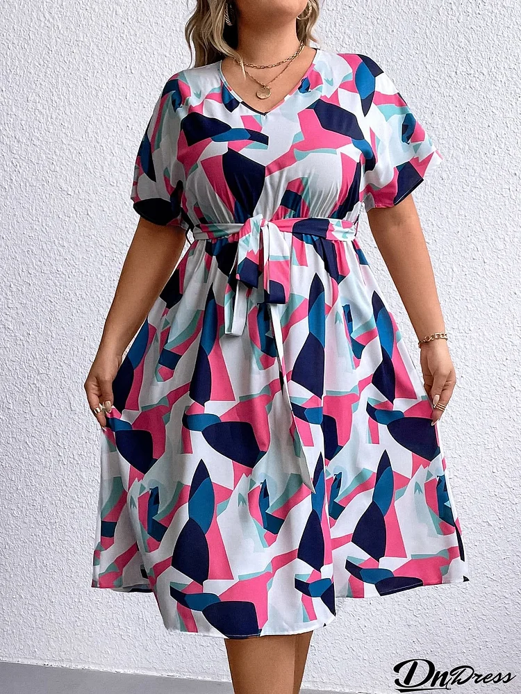 Plus Size Multicolored V-Neck Tie Waist Dress