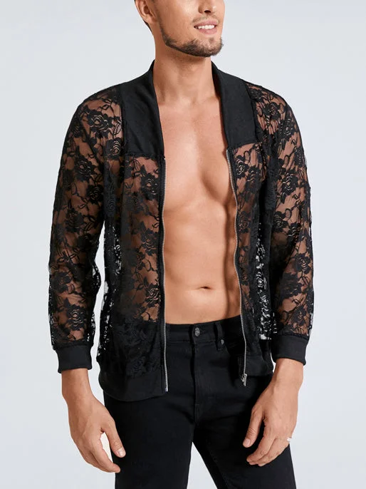 Aonga - Mens  Lace See-through Zipper JacketH