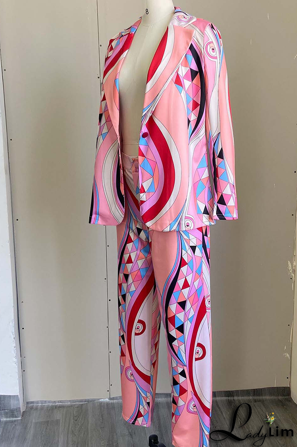 Pink Casual Print Split Joint Turndown Collar Long Sleeve Two Pieces