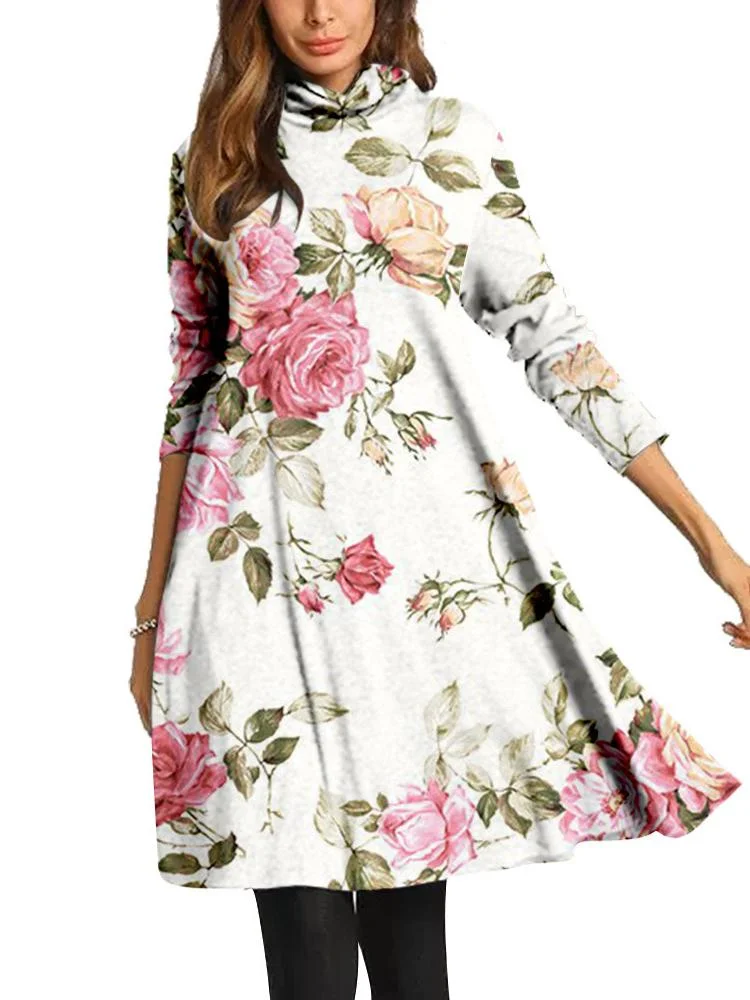 Women Long Sleeve Scoop Neck Printed Midi Dress