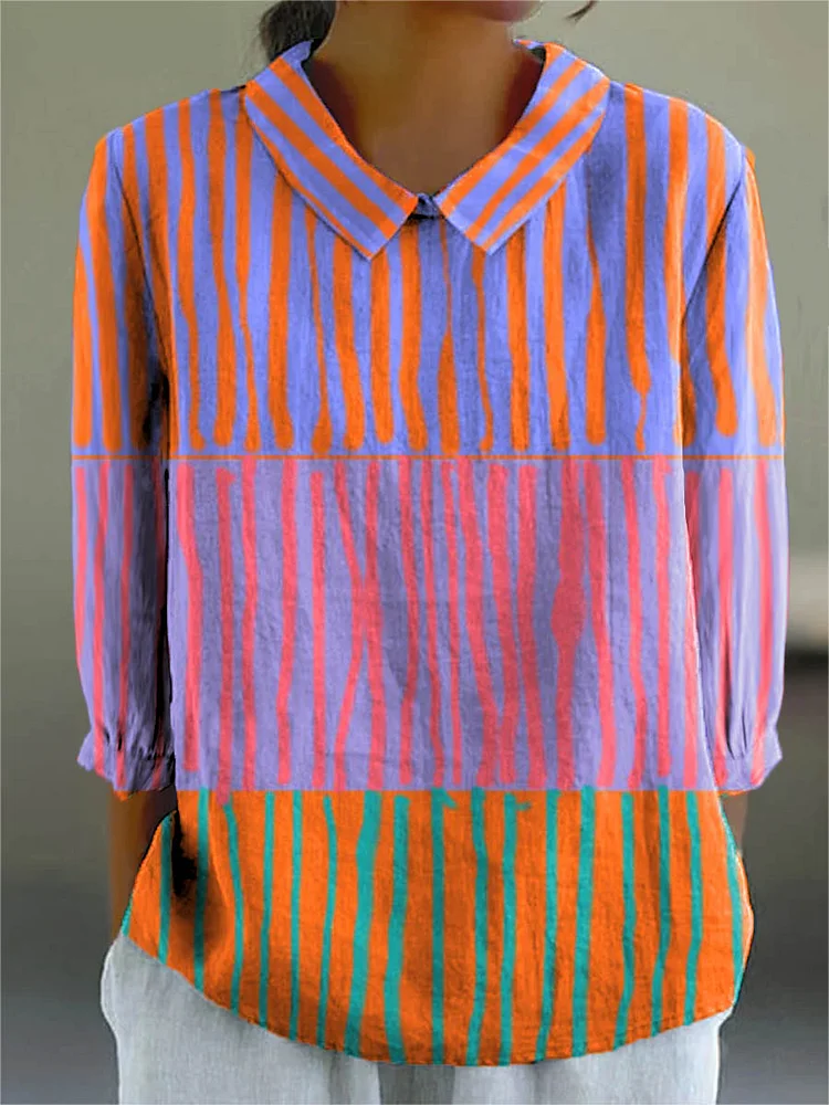 Women's Abstract Geometric Pattern Art Print Casual Cotton And Linen 3/4 Sleeve Shirt