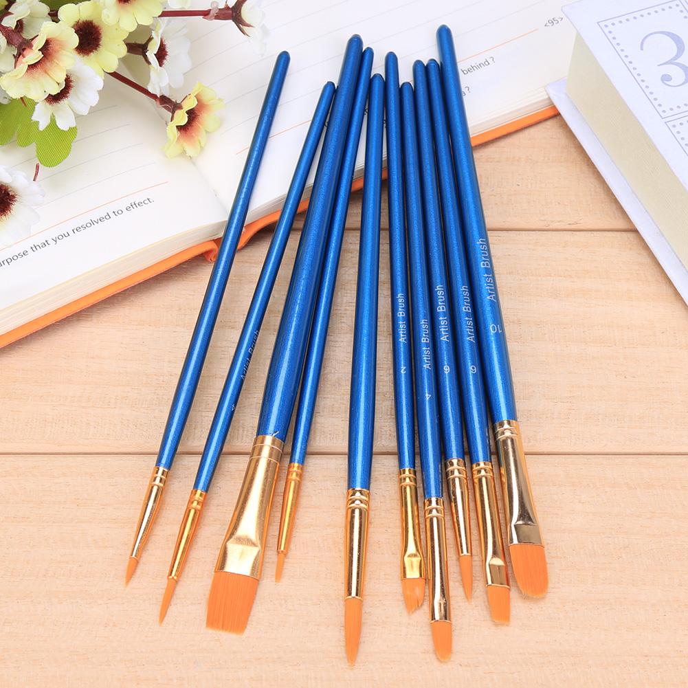 10pcs Blue Watercolor Gouache Paint Brushes Nylon Hair Painting Brush Set