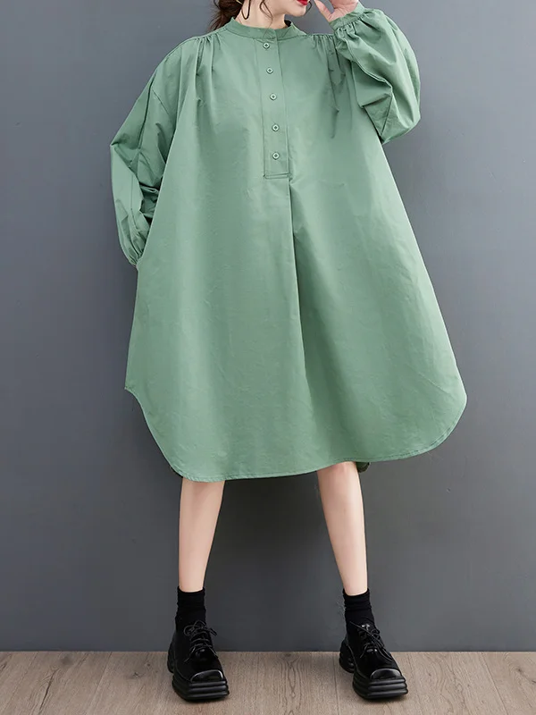Loose Puff Sleeves Solid Color Stand Collar Midi Dresses