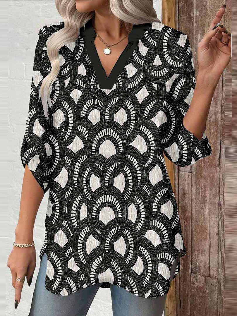 Women Floral, Black, White DZGA0141 3/4 Sleeve V-neck Printed Graphic Button Tops