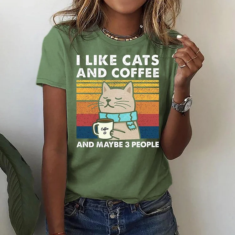 I Like Cats And Coffee Round Neck T-shirt-018353-Annaletters