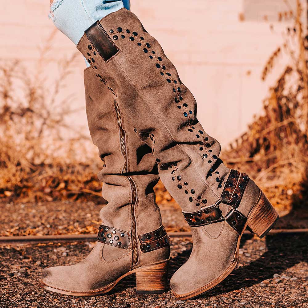 Taupe Faux Suede Square Toe Chunky Heel Studded Knee High Boots Nicepairs