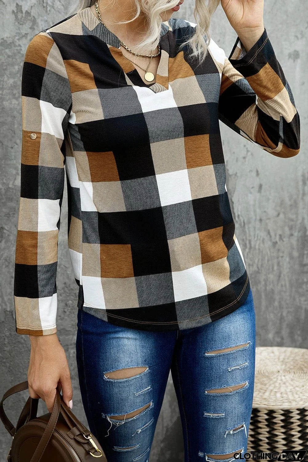 Contrast Plaid V Neck Long Sleeve Top