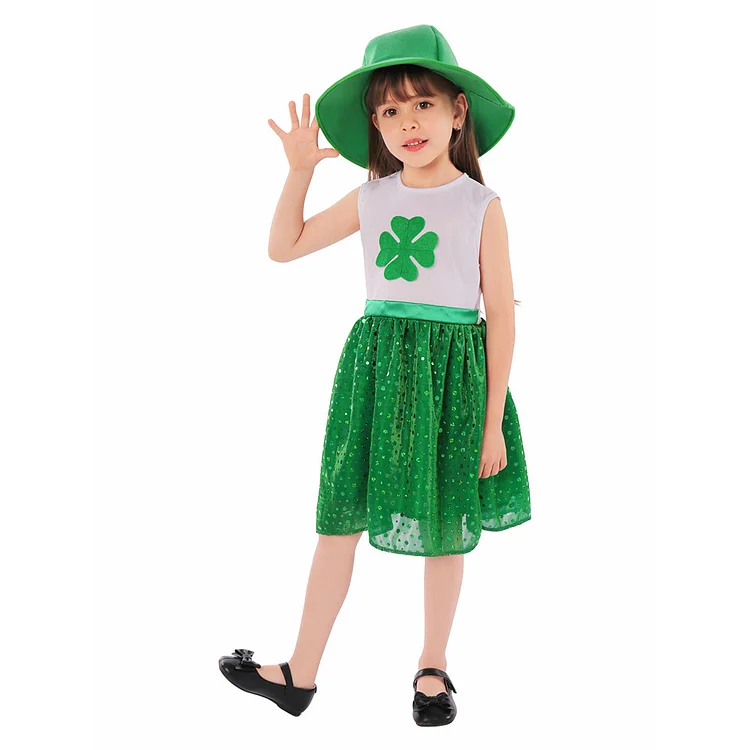 Kids Children St. Patrick's Day Green Dress Hat Outfits Cosplay Costume Carnival Suit