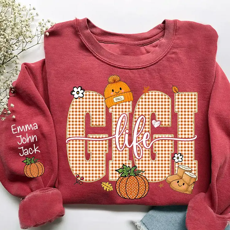 Personalized Gigi Life Fall Sweatshirt with Grandkids Names, Custom Gingham Pumpkin Crewneck, Cozy Autumn Thanksgiving Gift for Gigi And Kids