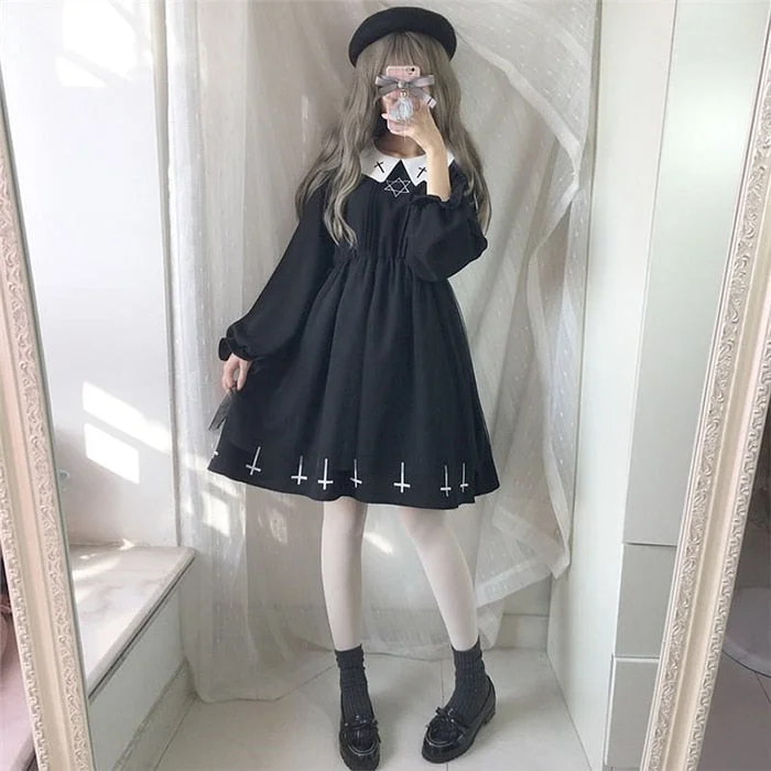 Dress Women Autumn Lolita Gothic Harajuku Vestidos Sexy Dress Halloween Sister Style Cross Cosplay Star Tulle Dresses Streetwear