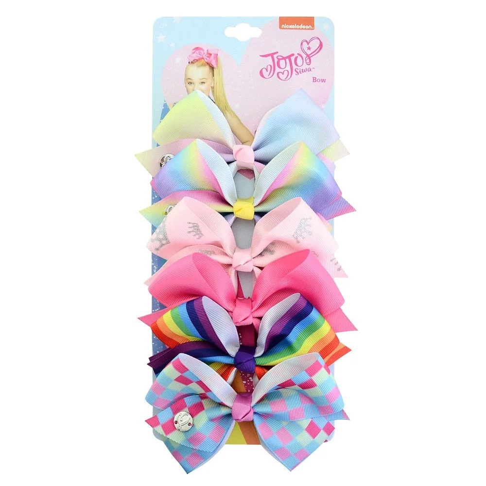 6 Pieces/Set JoJo Bows Jojo Siwa Rainbow Printed Knot Ribbon Bow For Girls Handmade Boutique Hair Clip Children Hair Accessories