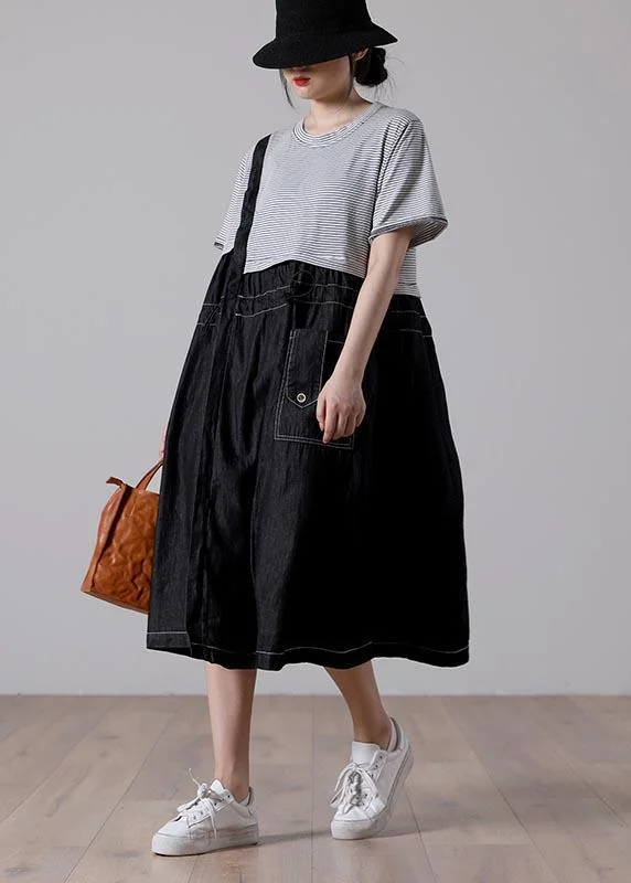 French White Striped Patchwork Denim asymmetrical design Long Dress Summer