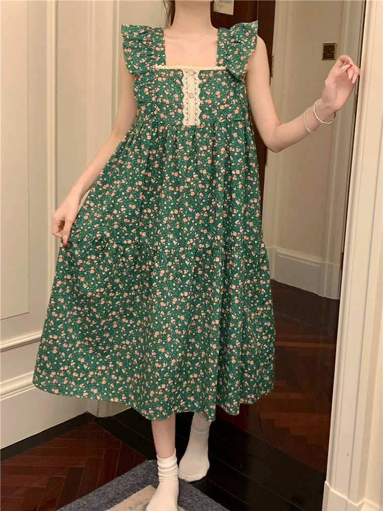 Print Soft Floral Flower 100%Cotton Korean Home Strapless Sweet NightDress Women Holiday style Real price Coolness Sleepwear Ins