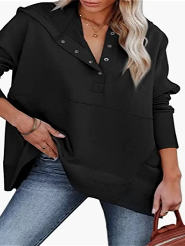 Women's Solid Color Buttons Long Sleeve V-neck Hooded Tops