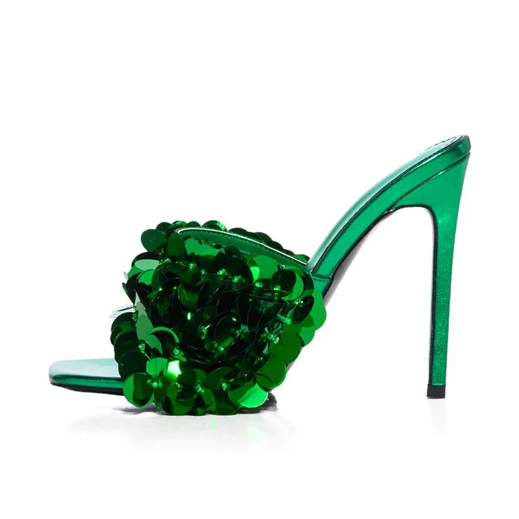 Women's Green Square Toe Party Sandals Sparkly Sequin High Heel Mules |FSJ Shoes