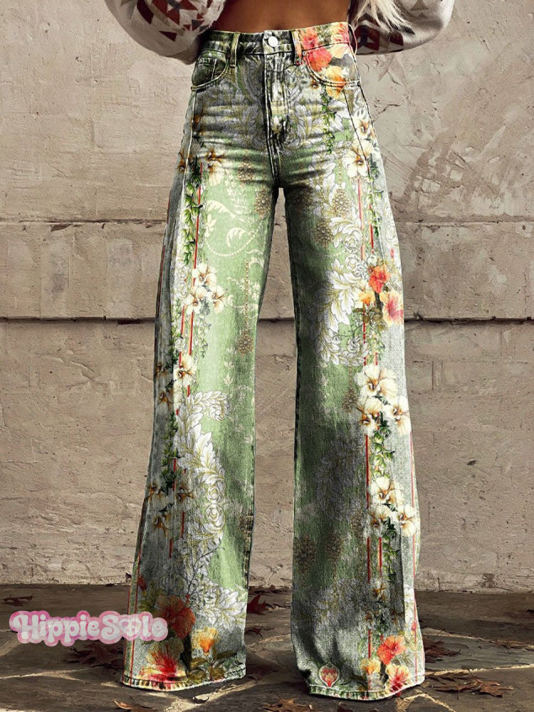 Women’s Floral Art Print Casual Wide Leg Pants Multicolor / Xs