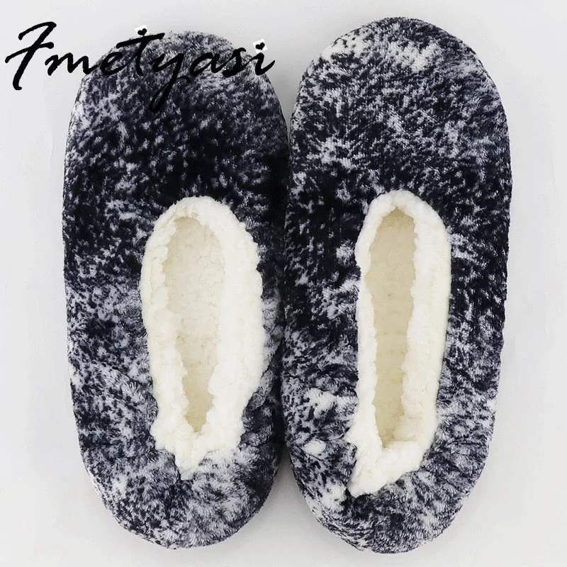 Winter Slippers Women Thick Fat Fur Slippers Warm Short Plush Home Shoes Couple Non-slip Floor Socks Soft Furry House Slippers