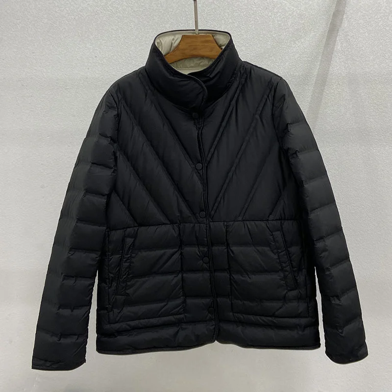 Woherb Double-Sided Double-Color Wear Winter Standing Collar Light Down Jacket Female Short Rubber White Duck Velvet Warm Coat Tide-Outfit Ideas