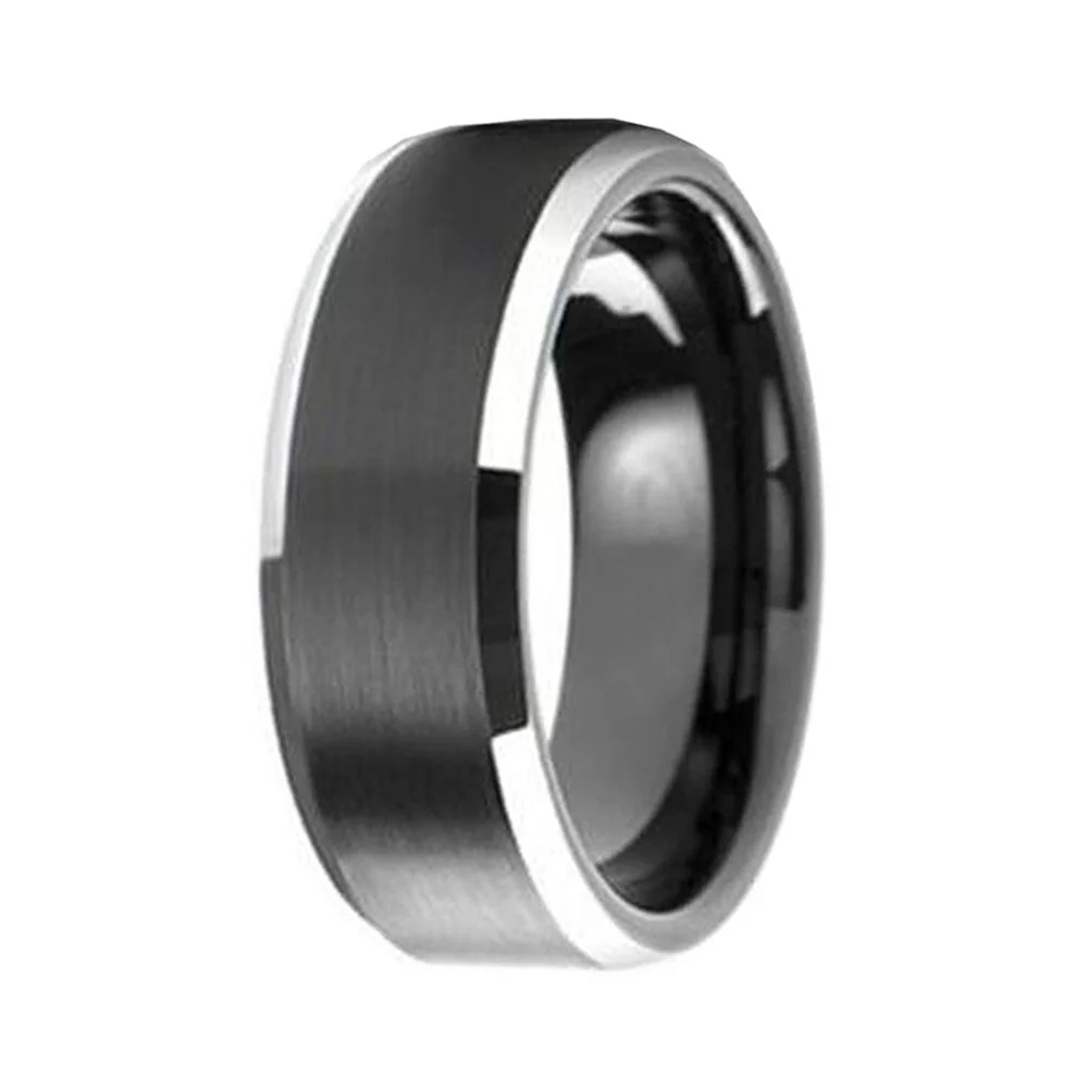 6MM 8MM Black Brushed Center Tungsten Wedding Ring Polished Beveled Edges