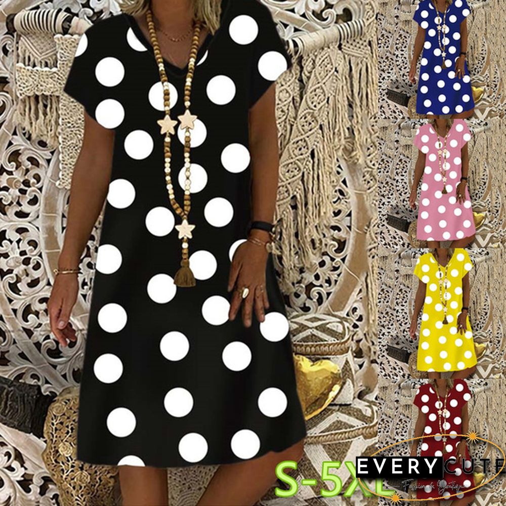 Women's Dress Summer New Fashion Women's V-neck Dots Printed Casual Short Sleeve Dress Loose Soft and Comfortable Plus Size Dress S-5XL