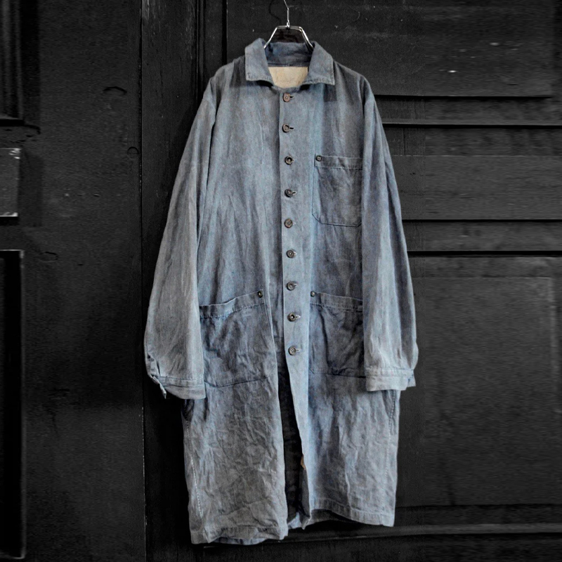 Men's Herringbone Cotton Indigo Dyed Distressed Mid-Length Coat
