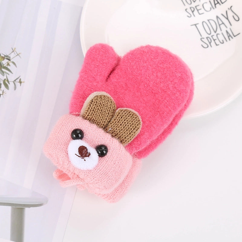 0-3 Years Old Cute Ears Bear Cartoon Children’s Gloves Winter Knitted Wool Double Plus Velvet Padded Warm
