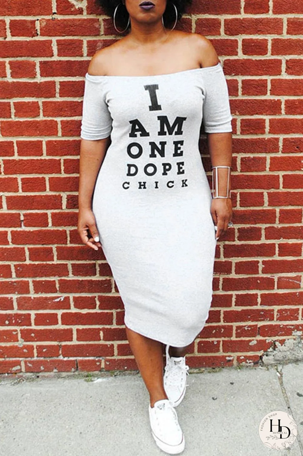 White Off The Shoulder Short Sleeves One word collar Mid-Calf Patchwork Casual Dresses