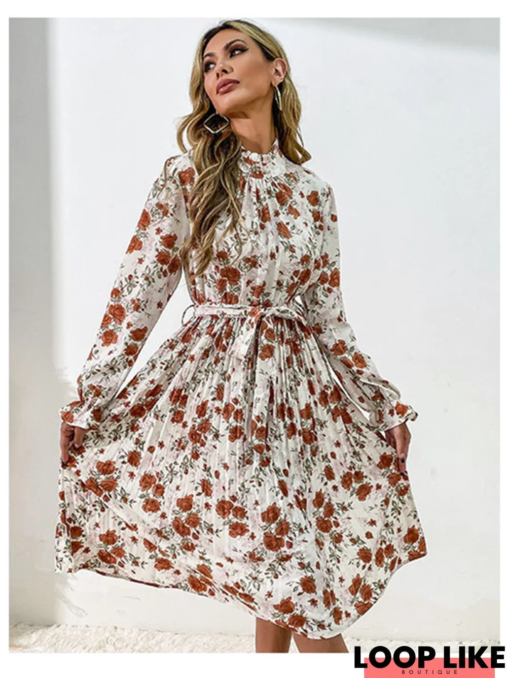 Fashion Printed Long-Sleeved Semi-Turtleneck Dress