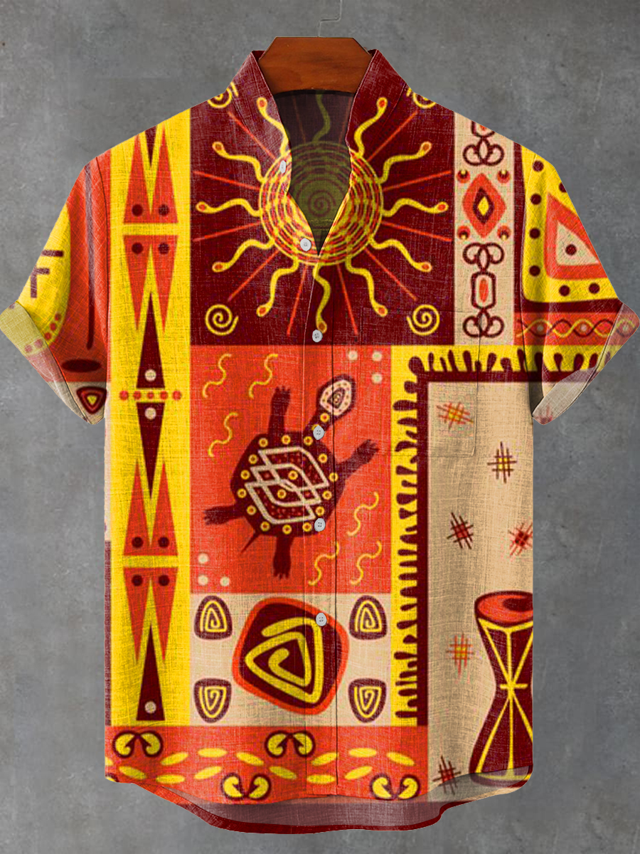 Vintage Abstract African Tribal Turtle Geometric Painting Art Print Casual 100% Cotton Shirt